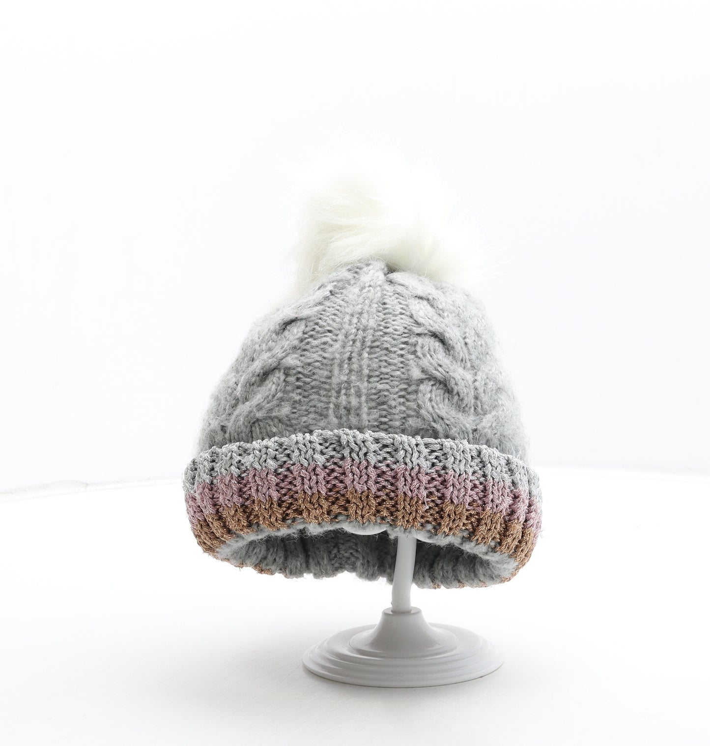Primark Womens Grey Acrylic Bobble Hat Size M