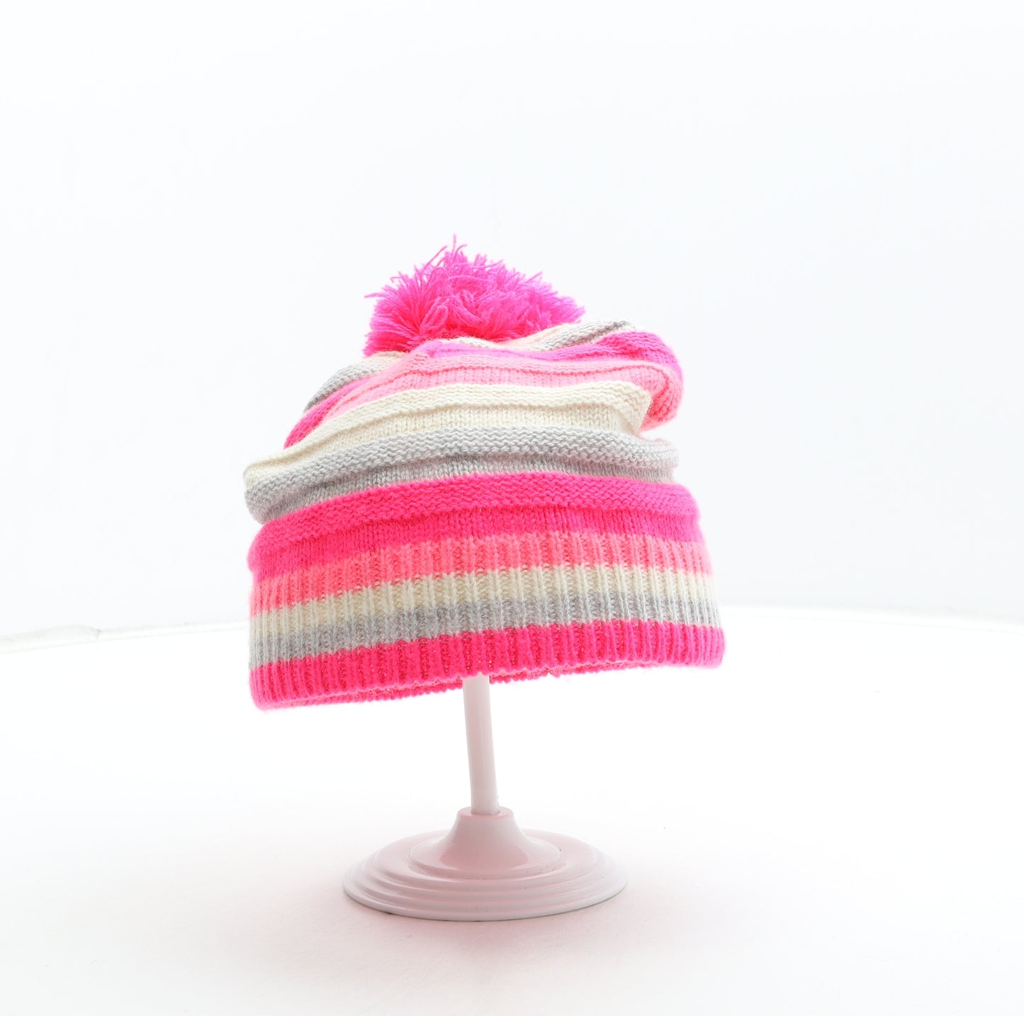 Accessorize Girls Pink Striped Acrylic Bobble Hat One Size