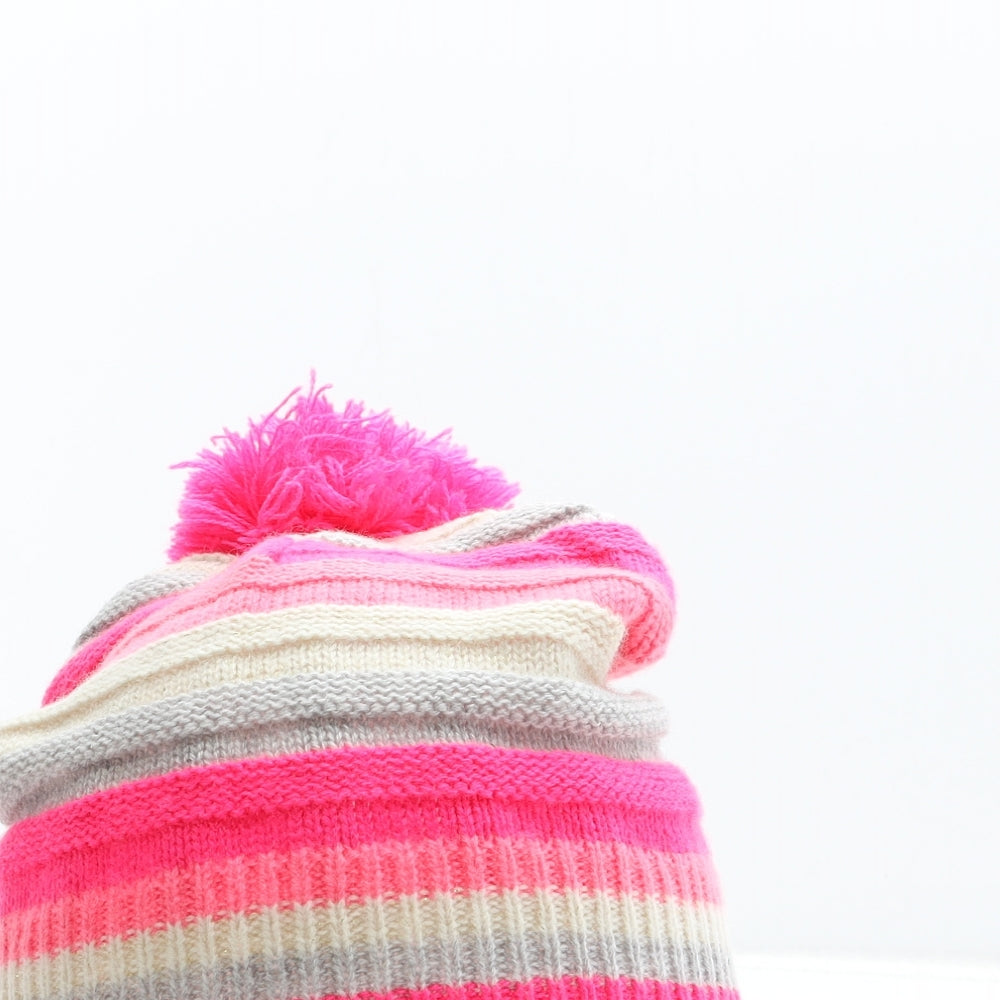 Accessorize Girls Pink Striped Acrylic Bobble Hat One Size