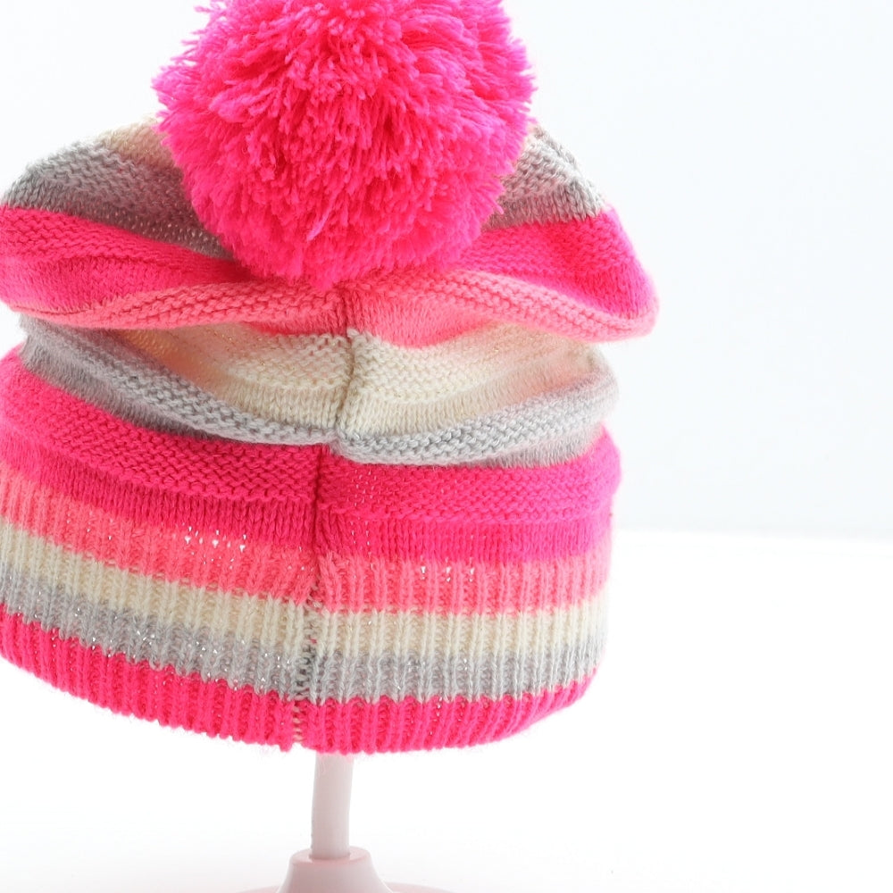 Accessorize Girls Pink Striped Acrylic Bobble Hat One Size