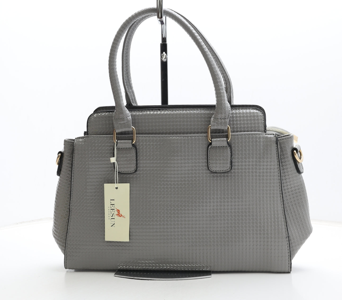 Leesun Womens Grey Geometric Polyurethane Top Handle Bag Size Medium