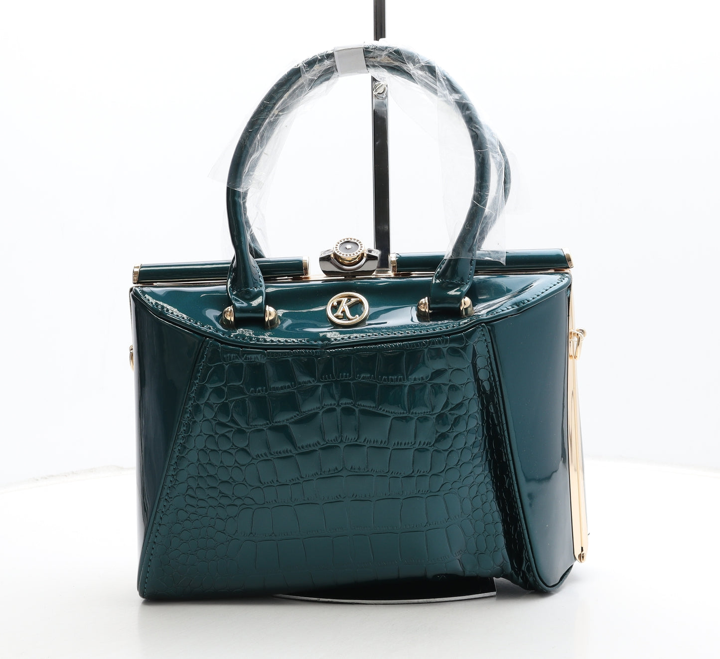Preworn Womens Green Animal Print Polyurethane Top Handle Bag Size Medium - Croc Texture