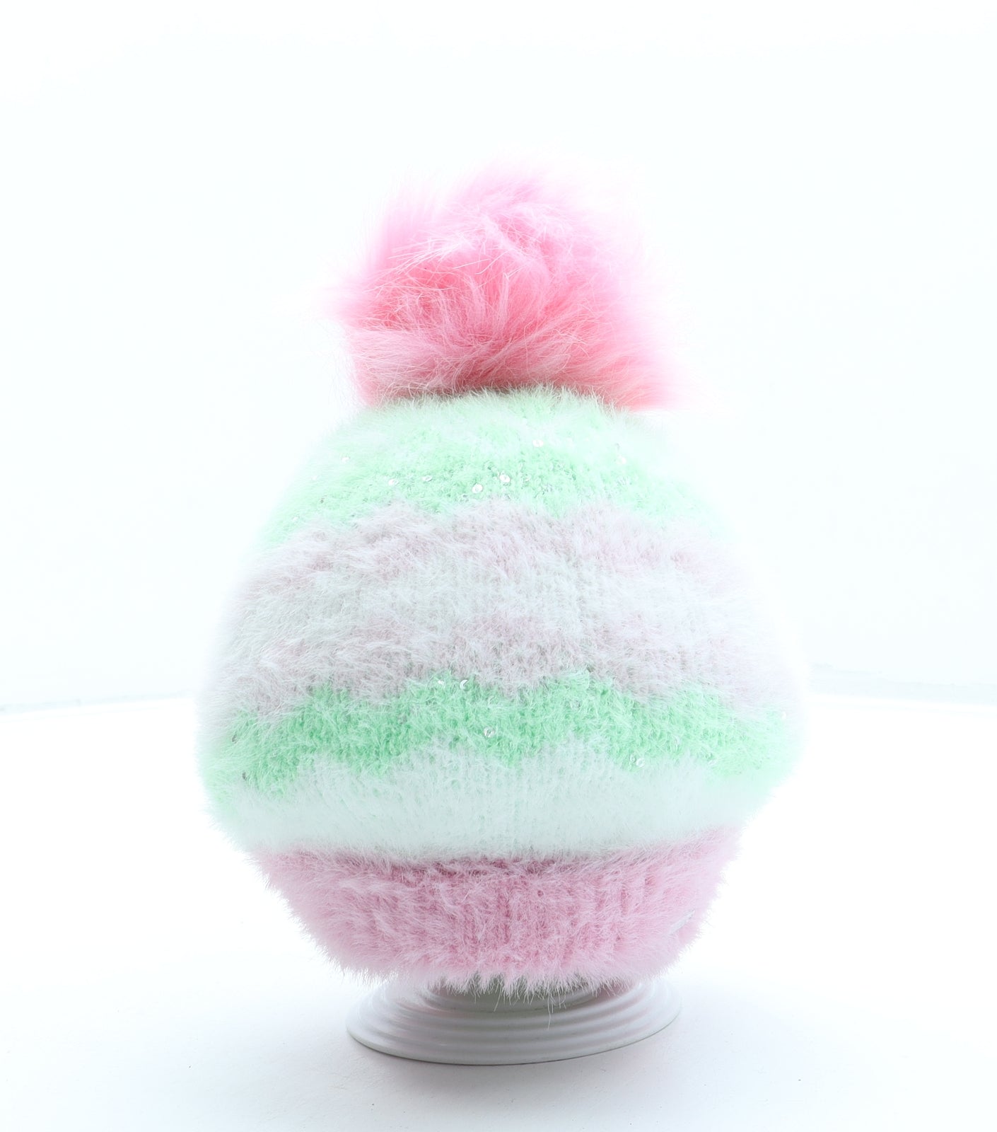 Savida Womens Pink Striped Nylon Bobble Hat One Size - Pom Pom