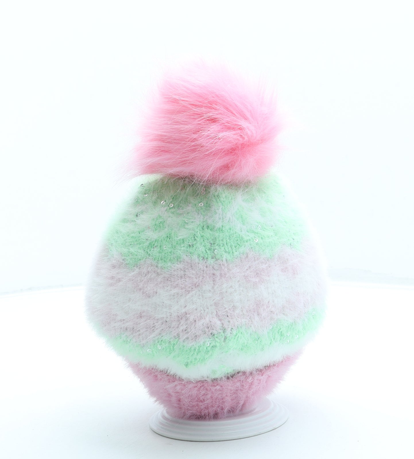 Savida Womens Pink Striped Nylon Bobble Hat One Size - Pom Pom