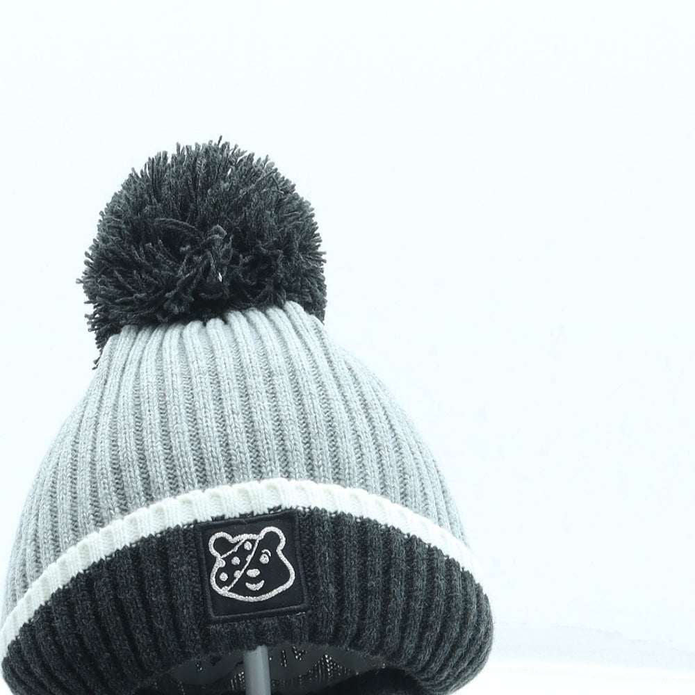 George Girls Grey Striped Acrylic Bobble Hat One Size - Pudsey Bear / Unisex