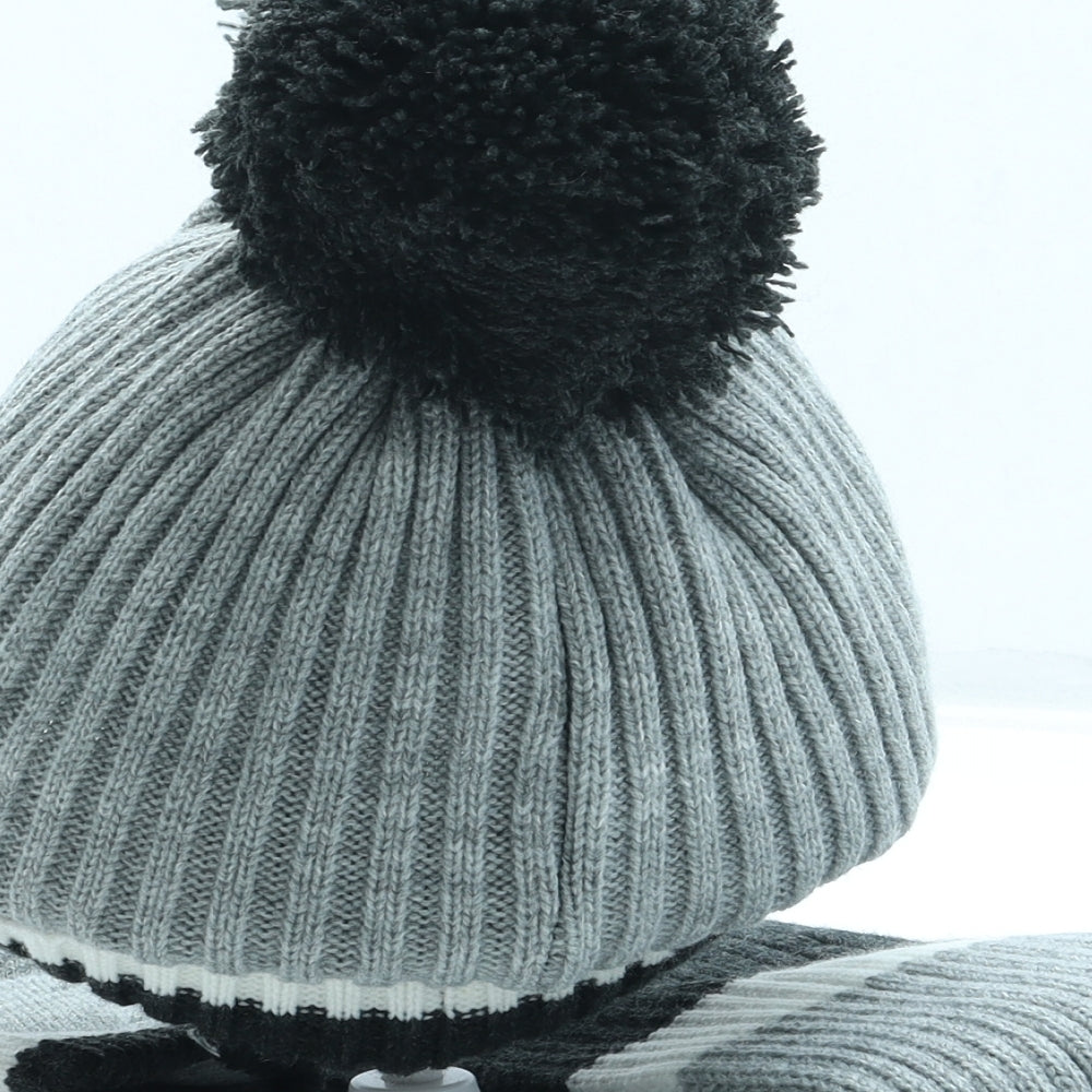 George Girls Grey Striped Acrylic Bobble Hat One Size - Pudsey Bear / Unisex