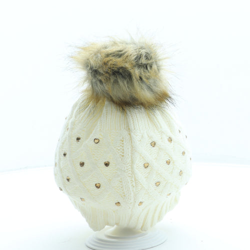 George Girls Beige Acrylic Bobble Hat One Size - Pom Pom