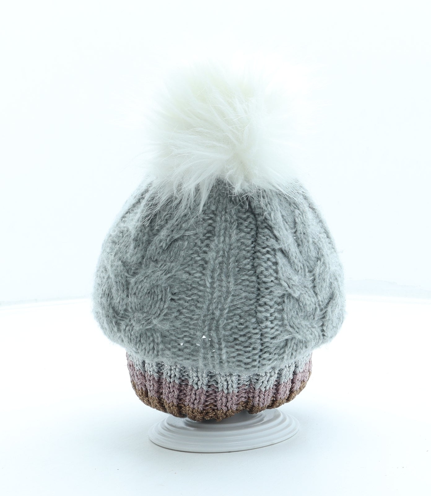 Primark Girls Grey Acrylic Bobble Hat Size M - Pom Pom