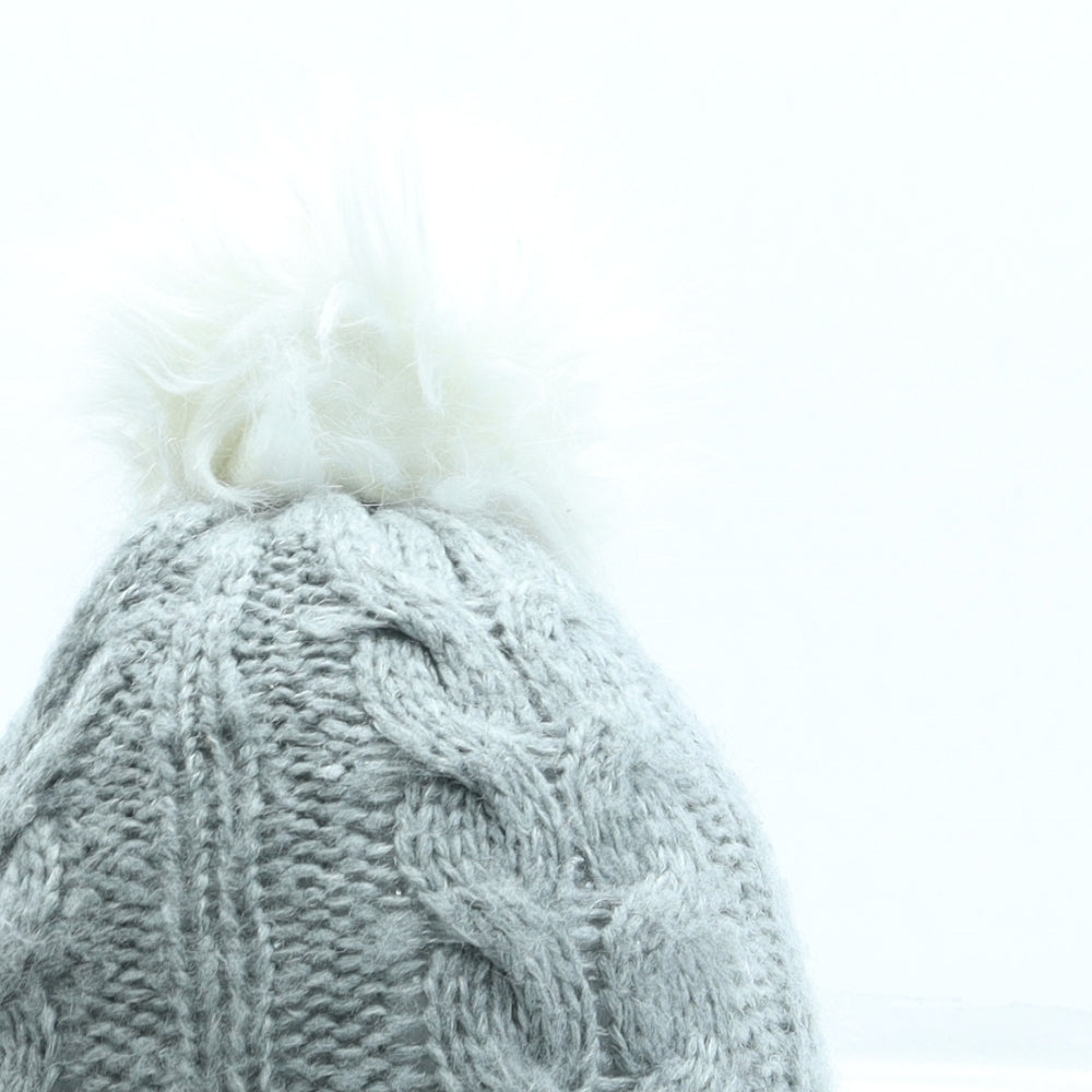 Primark Girls Grey Acrylic Bobble Hat Size M - Pom Pom