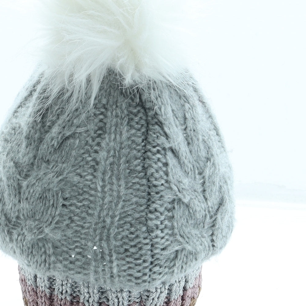 Primark Girls Grey Acrylic Bobble Hat Size M - Pom Pom
