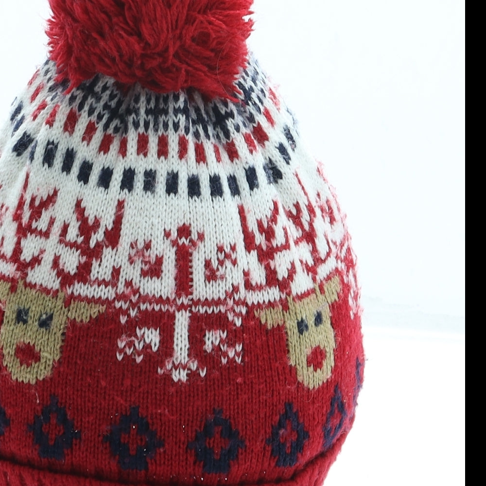 Dunnes Boys Red Geometric Acrylic Bobble Hat Size M - Christmas