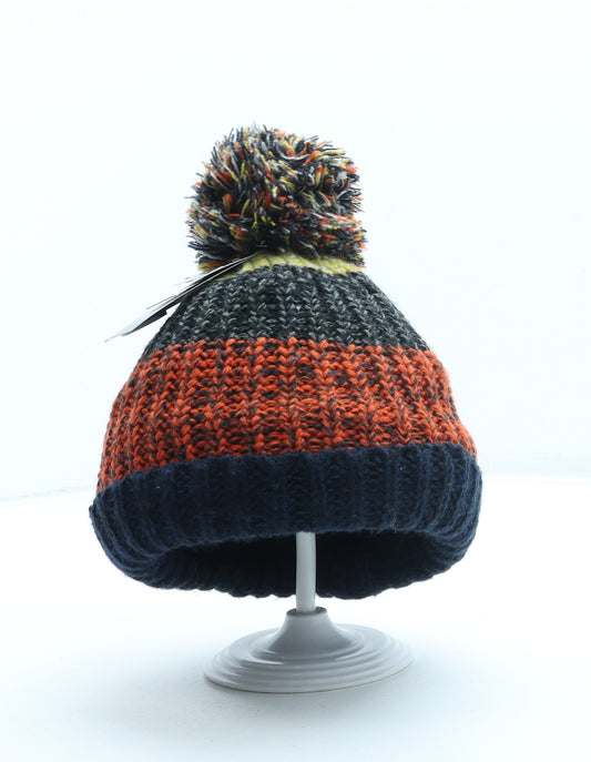 F&F Boys Blue Striped Acrylic Bobble Hat One Size - Pom Pom