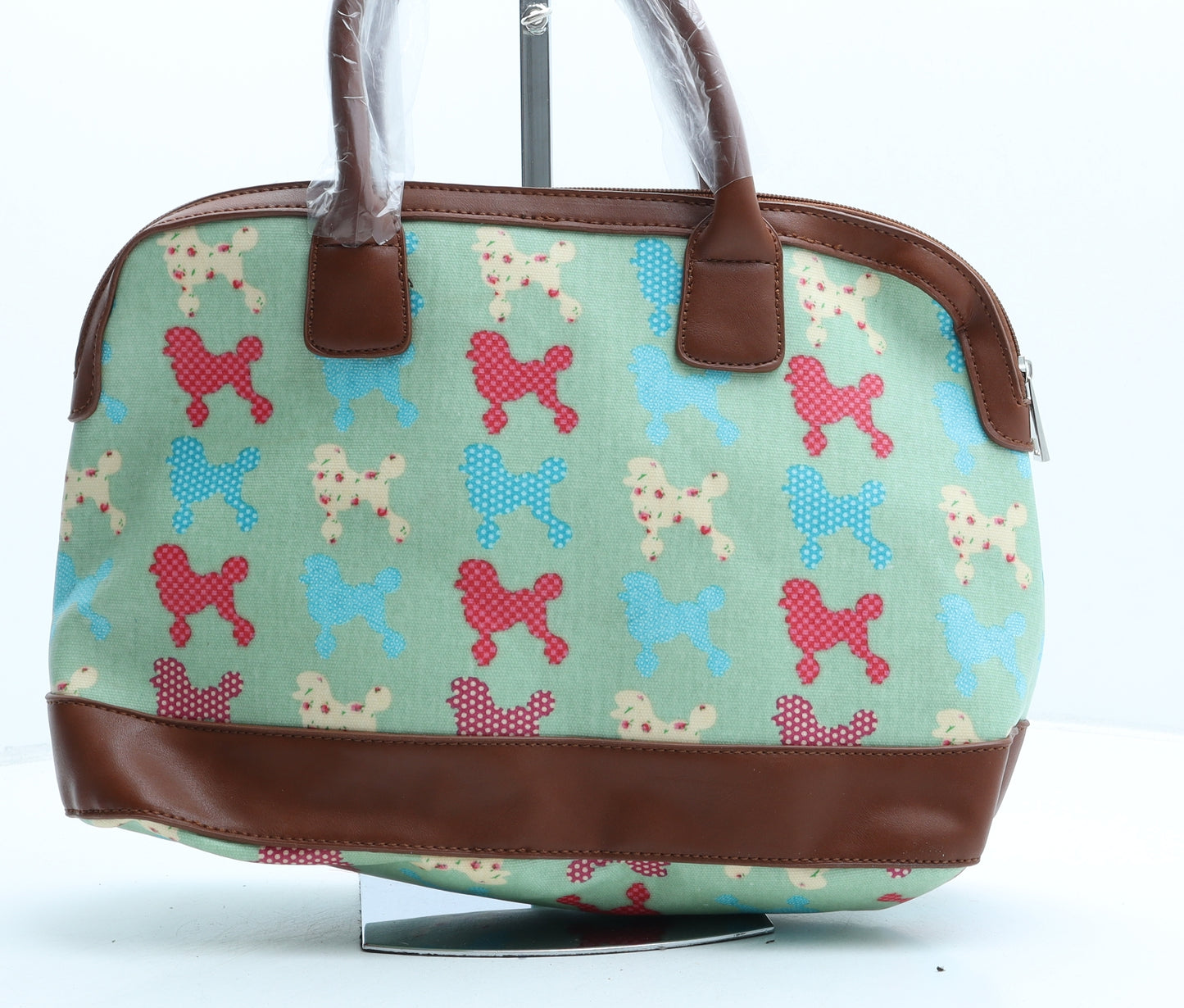 Preworn Womens Blue Geometric Polyurethane Top Handle Bag Size Medium - Poodle Print