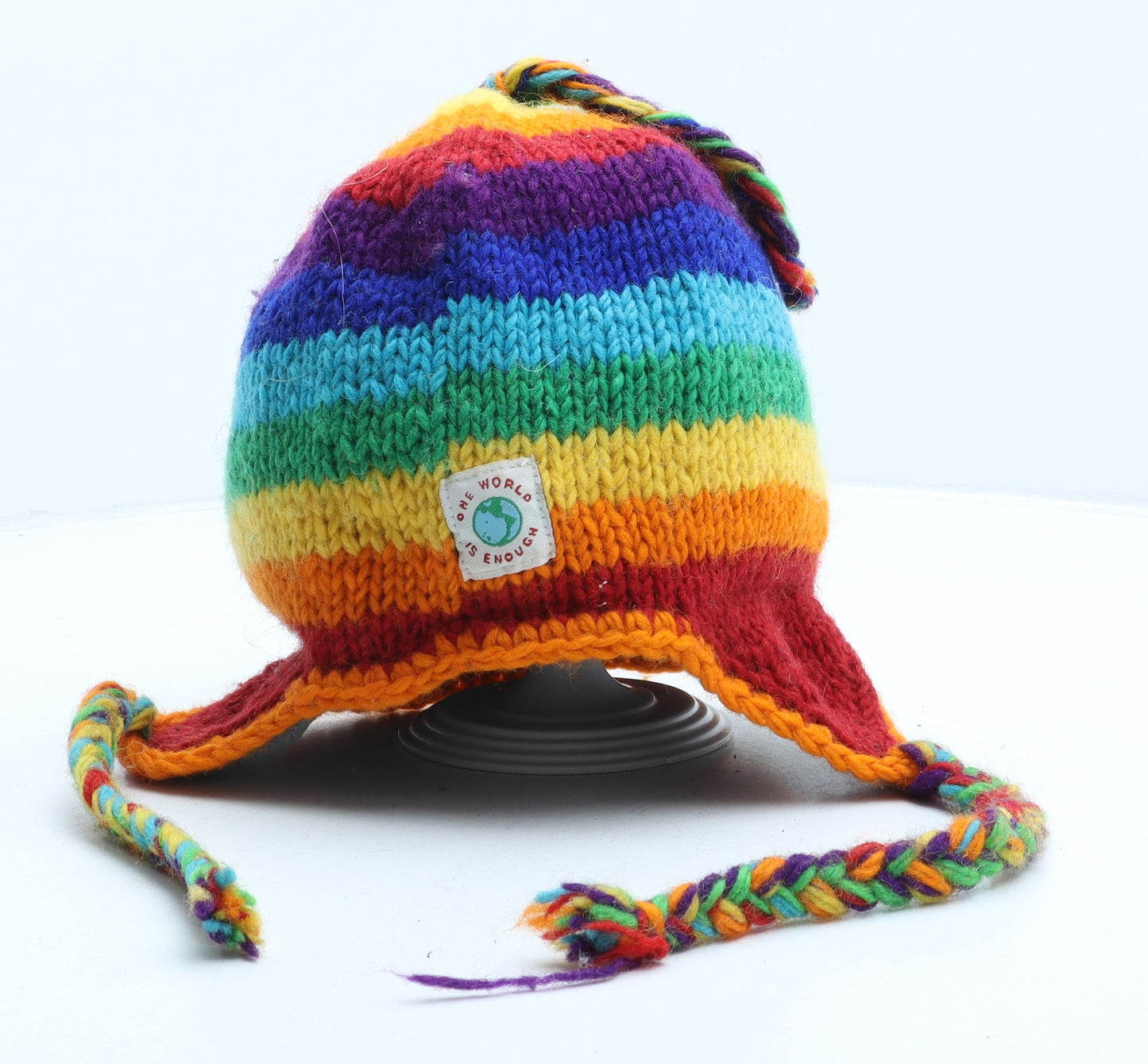 One World Is Enough Womens Multicoloured Striped Acrylic Bonnet One Size