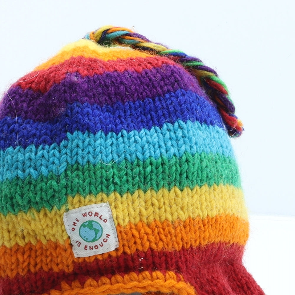 One World Is Enough Womens Multicoloured Striped Acrylic Bonnet One Size