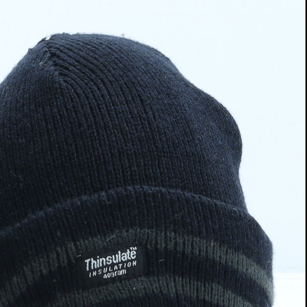 George Mens Blue Striped Polyester Beanie Size S
