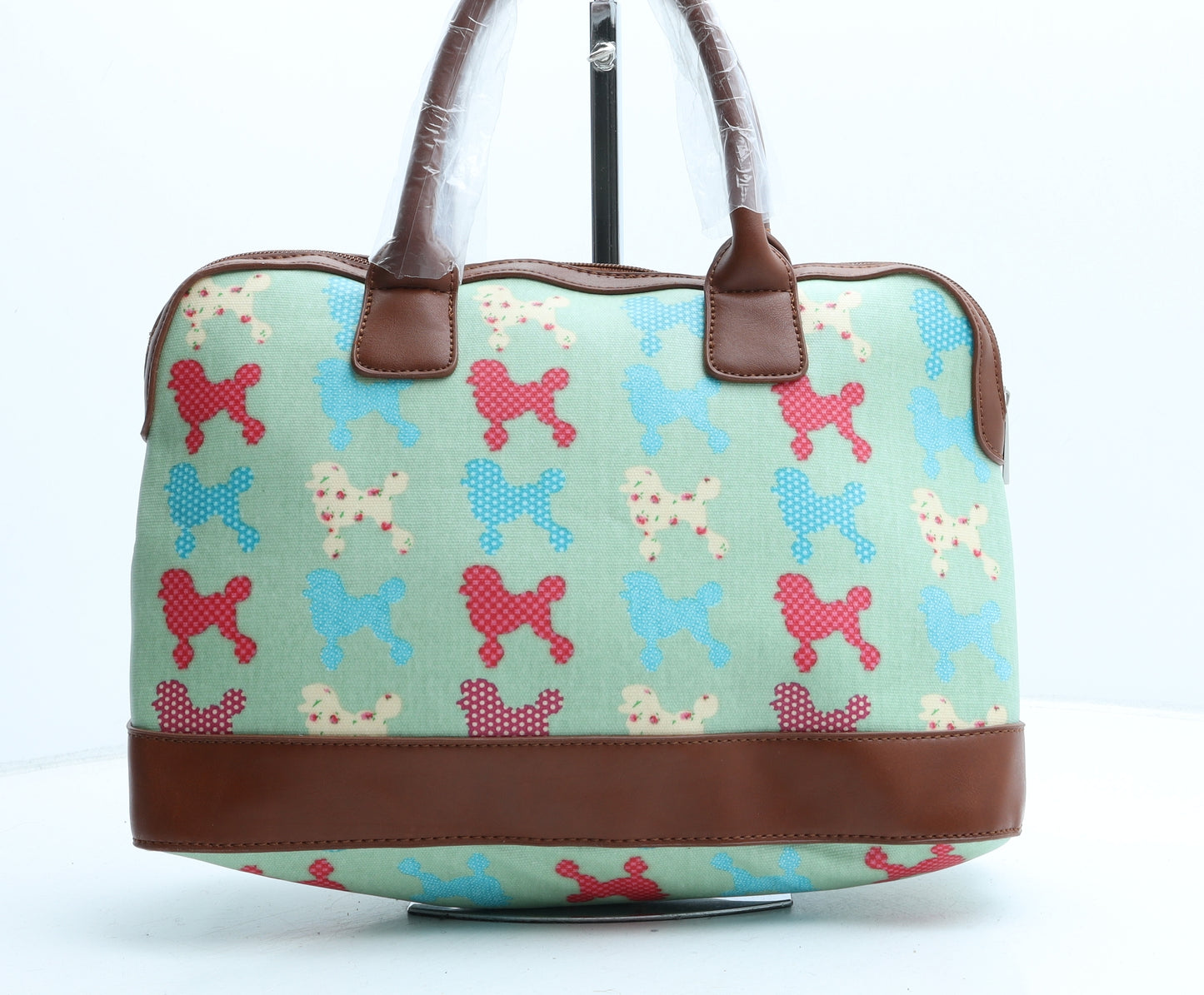 Preworn Womens Green Geometric Polyurethane Top Handle Bag Size Medium - Poodle Print