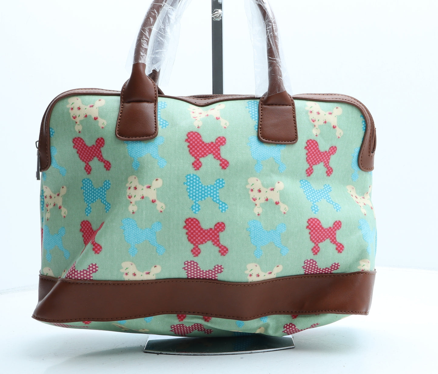 Preworn Womens Green Geometric Polyurethane Top Handle Bag Size Medium - Poodle Print