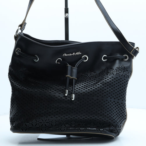 Charlie & Kate Womens Black Polyurethane Bucket & Drawstring Bag Size Medium