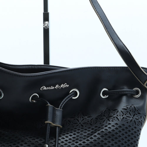 Charlie & Kate Womens Black Polyurethane Bucket & Drawstring Bag Size Medium