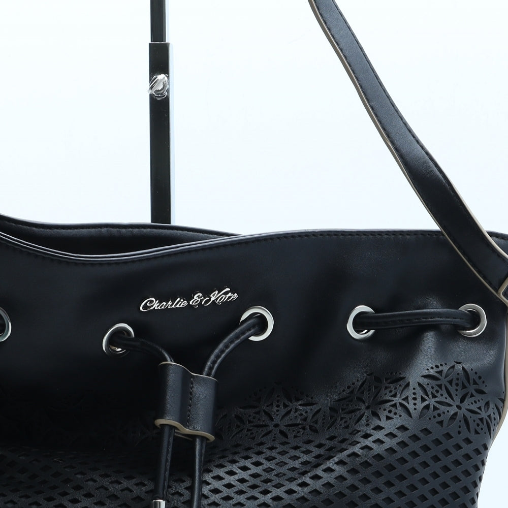 Charlie & Kate Womens Black Polyurethane Bucket & Drawstring Bag Size Medium