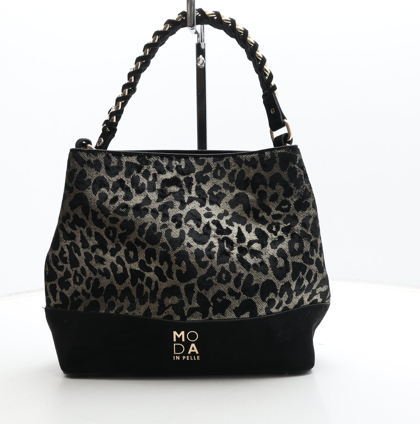 Moda in Pelle Womens Black Animal Print Leather Top Handle Bag Size Medium - Leopard Print