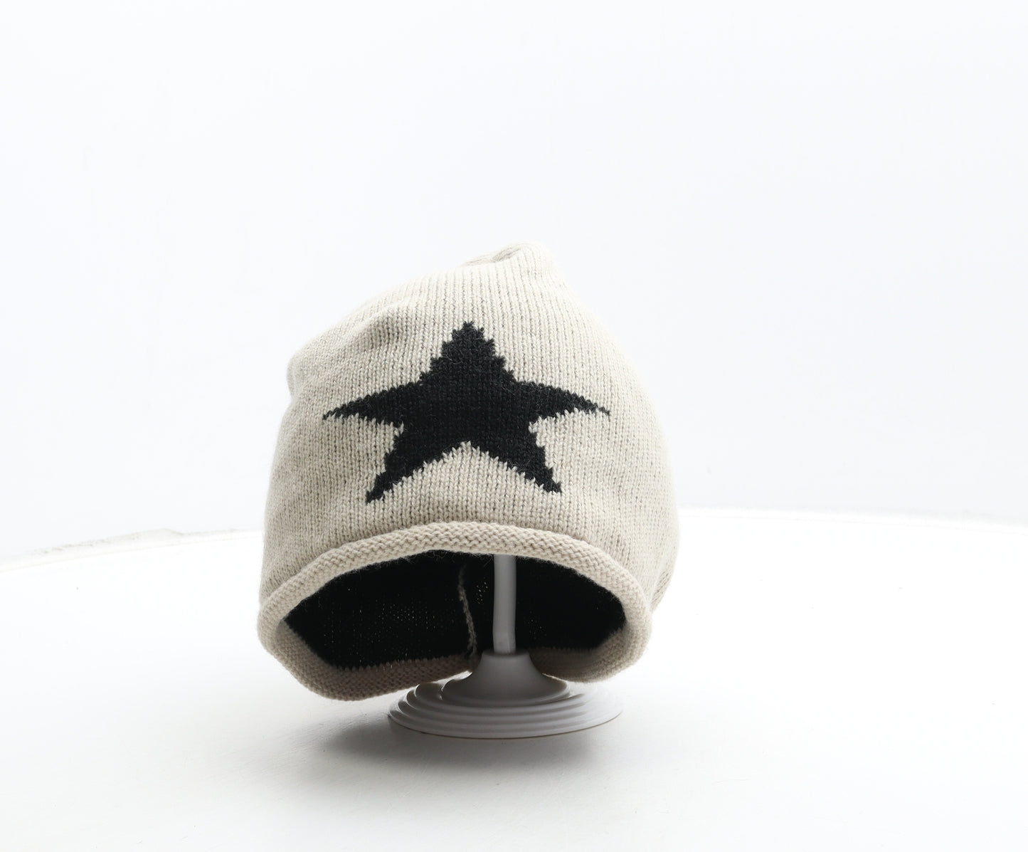 Preworn Mens Beige Cotton Beanie One Size - Star Detail