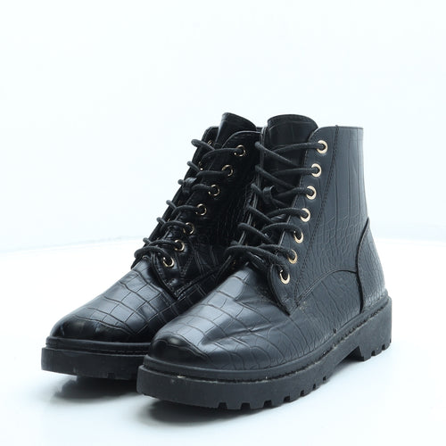 New Look Womens Black Animal Print Leather Combat Boot UK 5 38