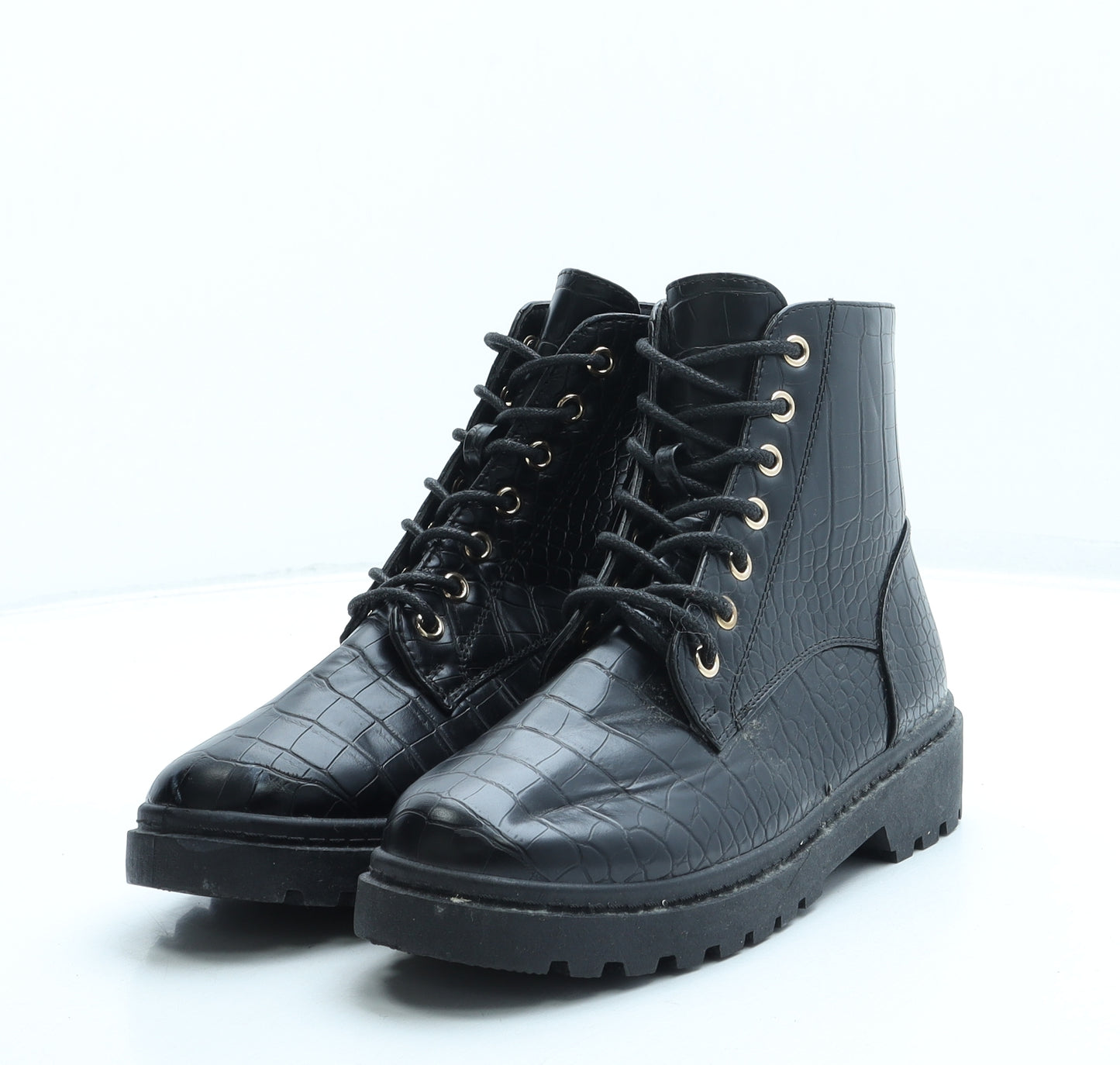 New Look Womens Black Animal Print Leather Combat Boot UK 5 38