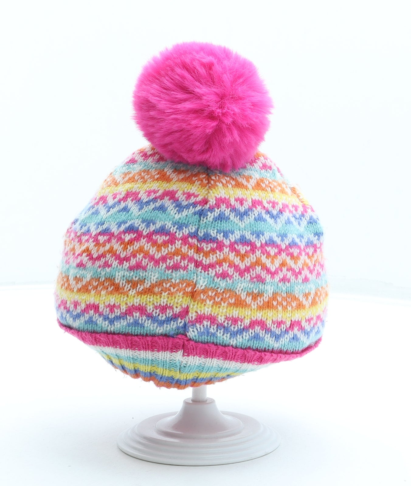 Angels Girls Multicoloured Geometric Acrylic Bobble Hat One Size - Pom Pom