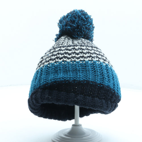 F&F Boys Blue Striped Acrylic Bobble Hat One Size - Pom Pom