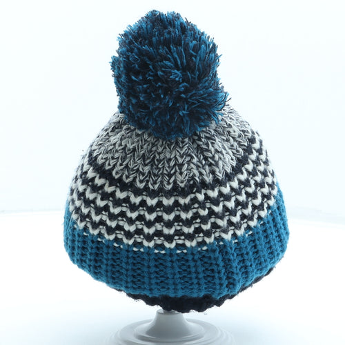 F&F Boys Blue Striped Acrylic Bobble Hat One Size - Pom Pom
