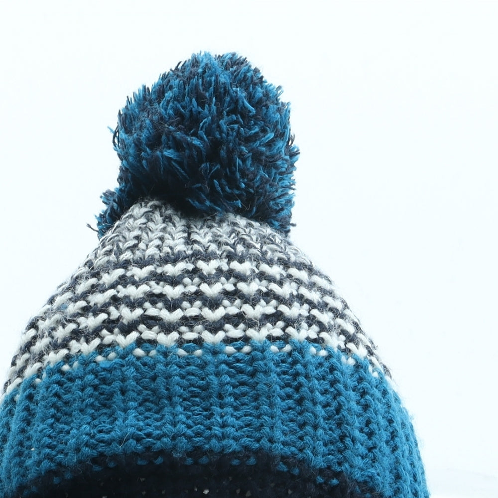 F&F Boys Blue Striped Acrylic Bobble Hat One Size - Pom Pom