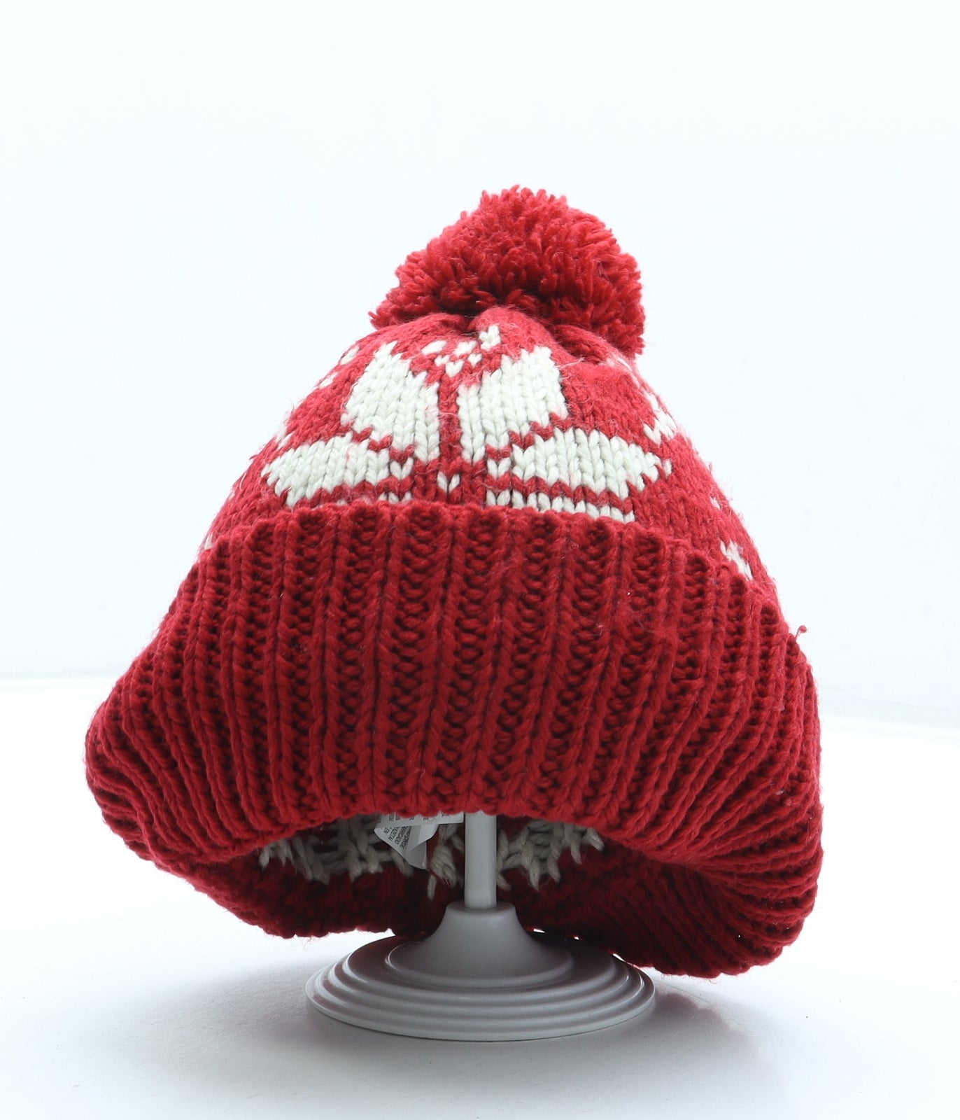 Marks and Spencer Mens Red Fair Isle Acrylic Beanie One Size - Pom Pom