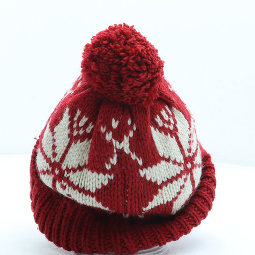 Marks and Spencer Mens Red Fair Isle Acrylic Beanie One Size - Pom Pom