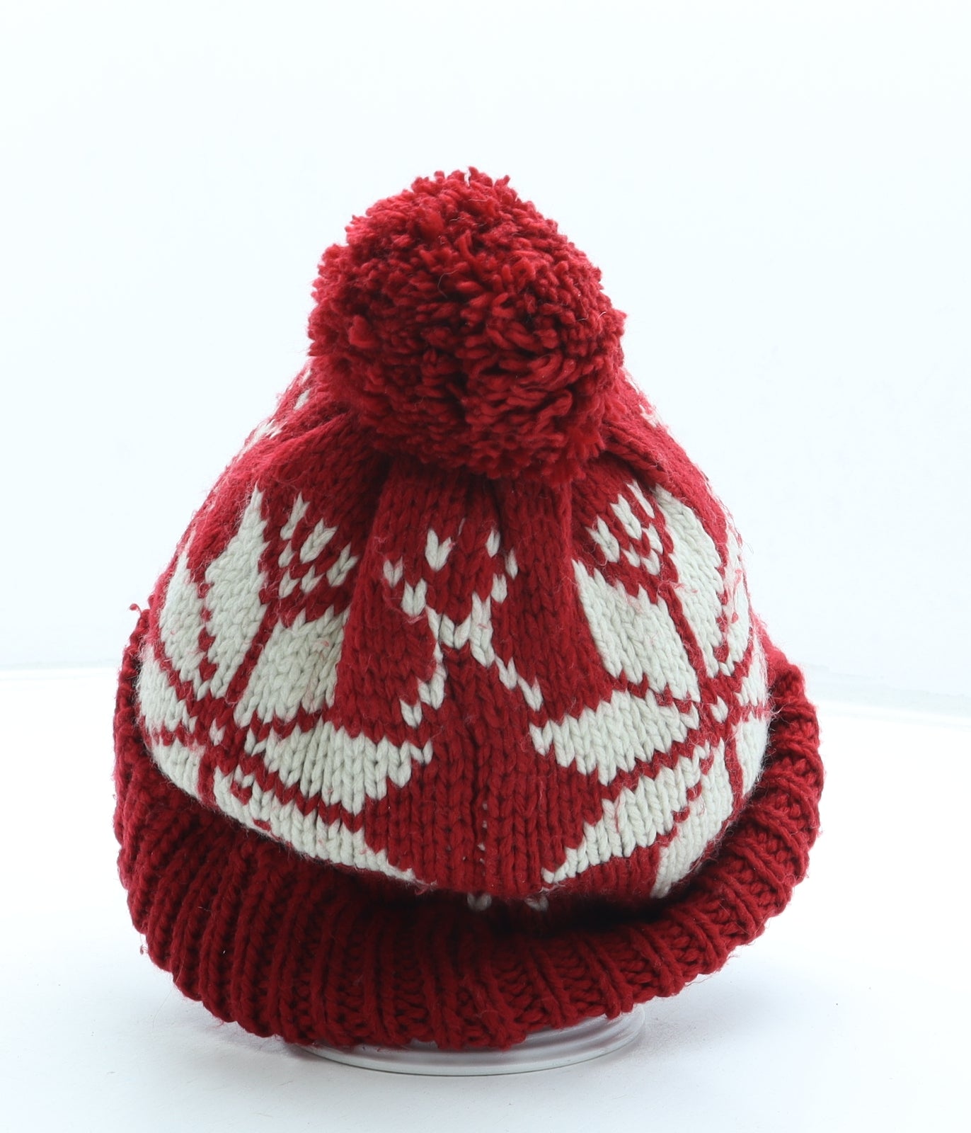 Marks and Spencer Mens Red Fair Isle Acrylic Beanie One Size - Pom Pom