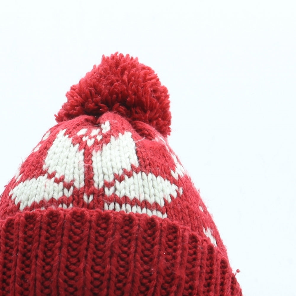 Marks and Spencer Mens Red Fair Isle Acrylic Beanie One Size - Pom Pom