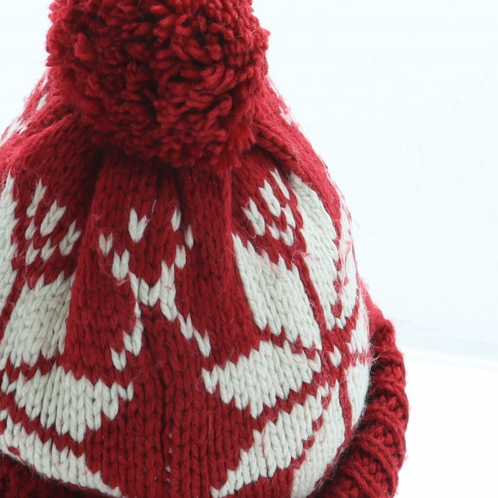 Marks and Spencer Mens Red Fair Isle Acrylic Beanie One Size - Pom Pom