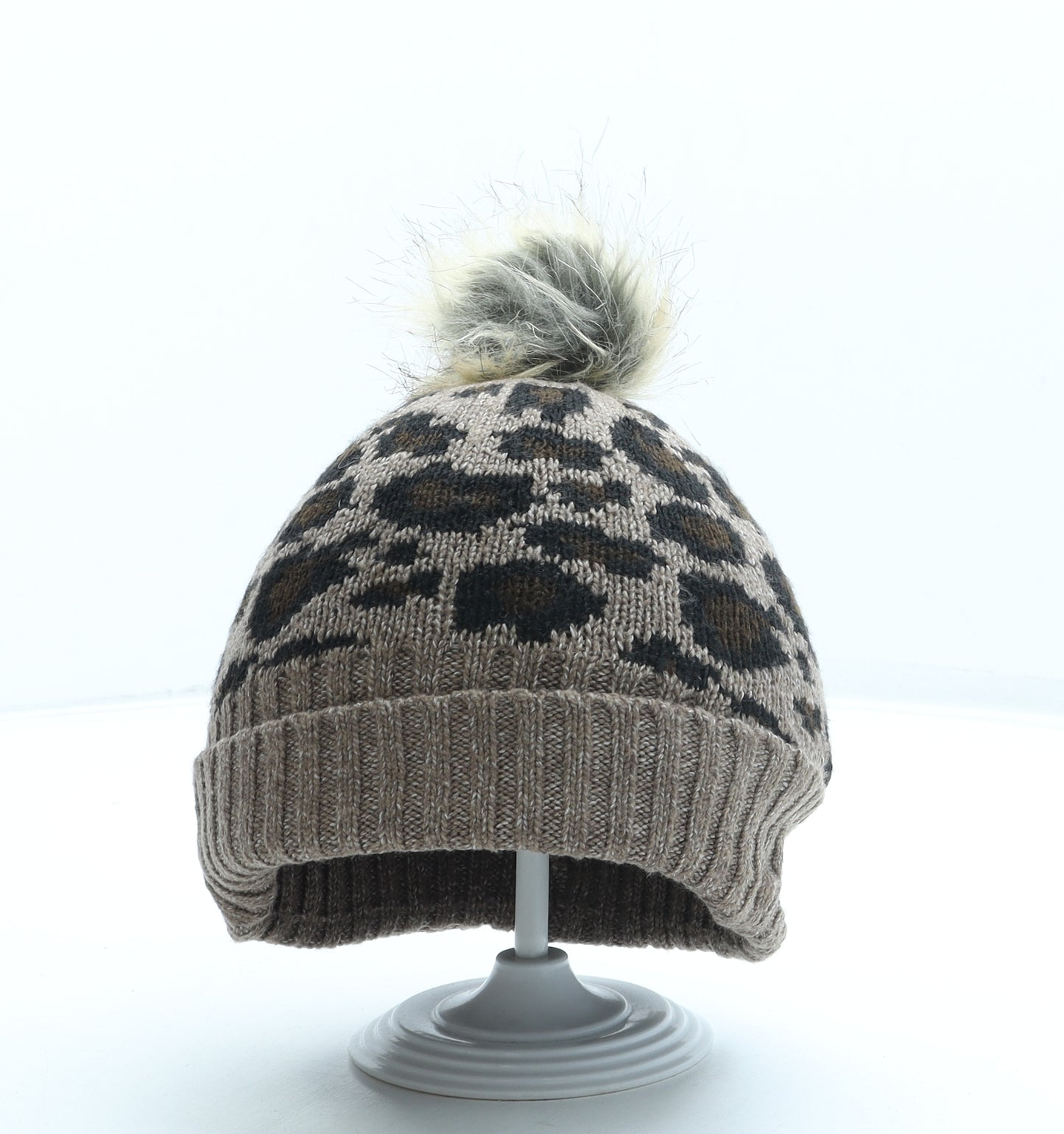 F&F Girls Brown Animal Print Acrylic Bobble Hat One Size - Pom Pom