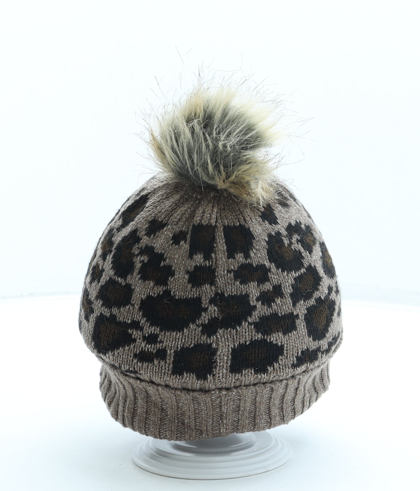 F&F Girls Brown Animal Print Acrylic Bobble Hat One Size - Pom Pom