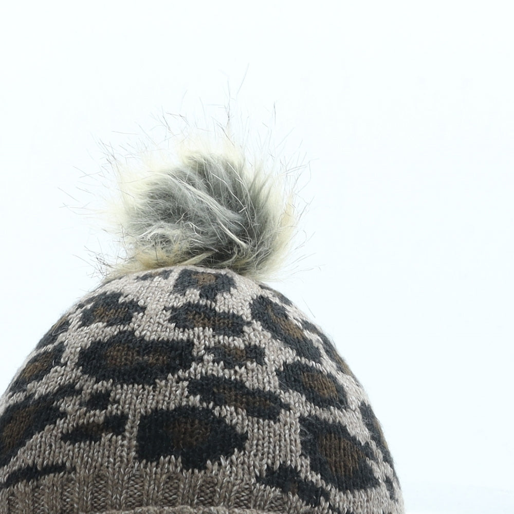 F&F Girls Brown Animal Print Acrylic Bobble Hat One Size - Pom Pom