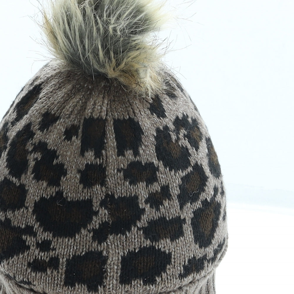 F&F Girls Brown Animal Print Acrylic Bobble Hat One Size - Pom Pom