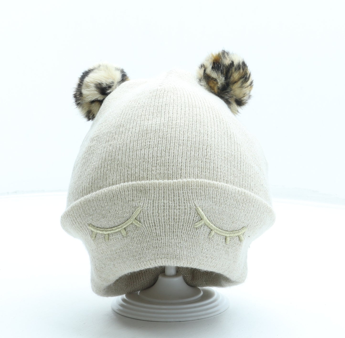 H&M Girls Beige Acrylic Bobble Hat One Size - Leopard