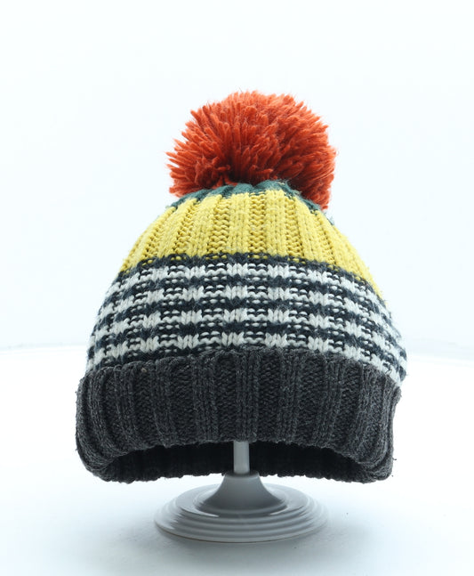 Preworn Boys Grey Striped Acrylic Bobble Hat One Size - Pom Pom