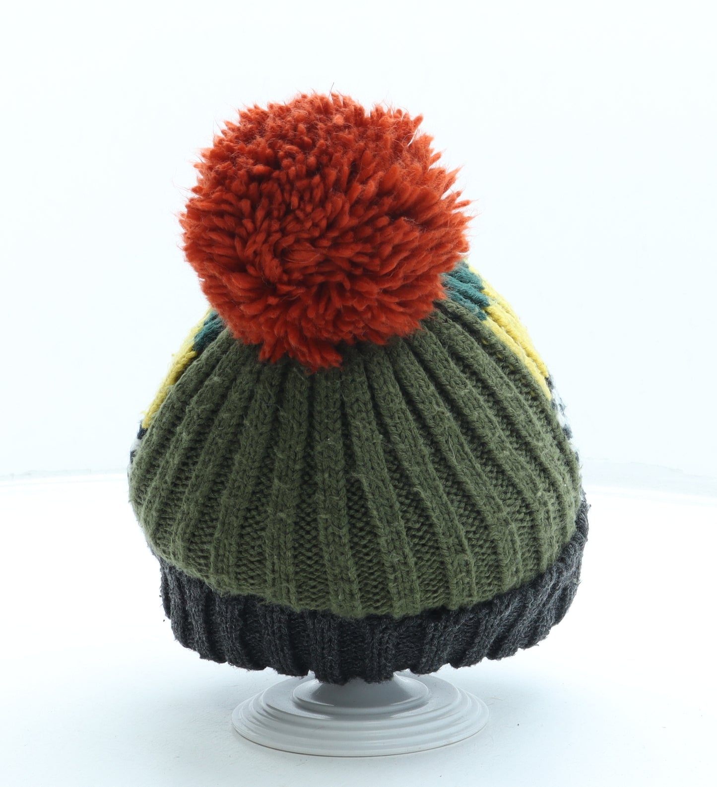 Preworn Boys Grey Striped Acrylic Bobble Hat One Size - Pom Pom