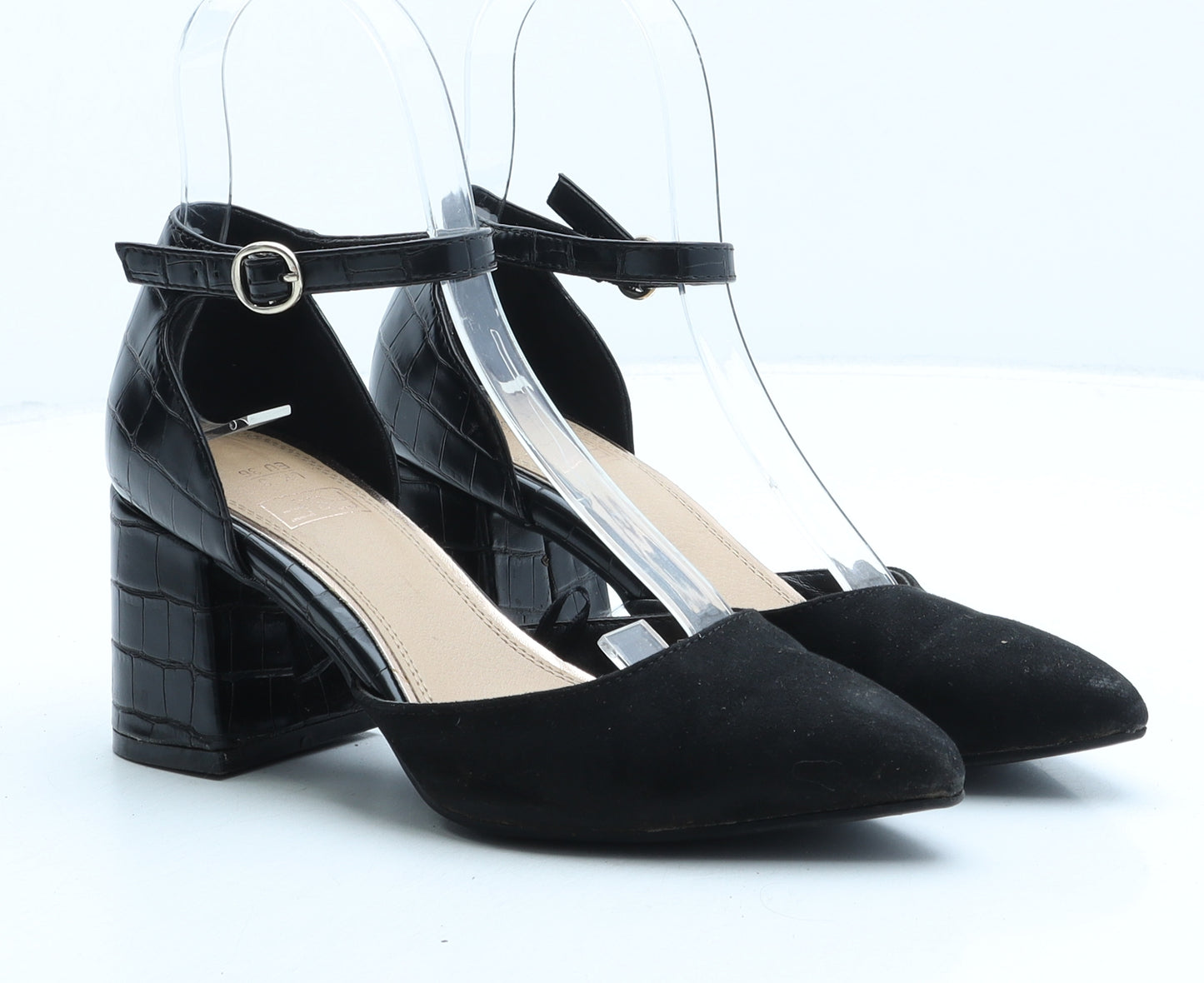 F&F Womens Black Suede Strappy Heel UK 3 - Croc Texture