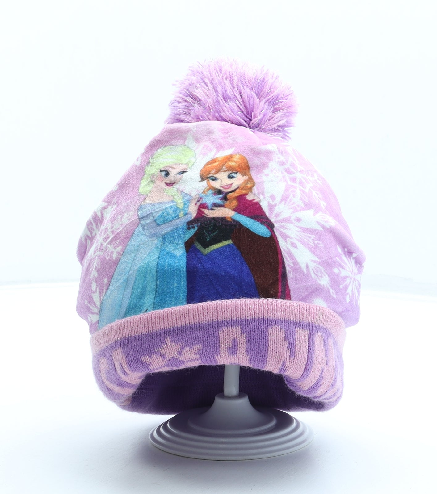 Disney Girls Purple Geometric Polyester Bobble Hat One Size - Frozen