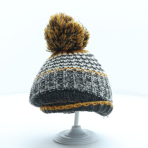 F&F Boys Grey Striped Acrylic Bobble Hat One Size - Pom Pom