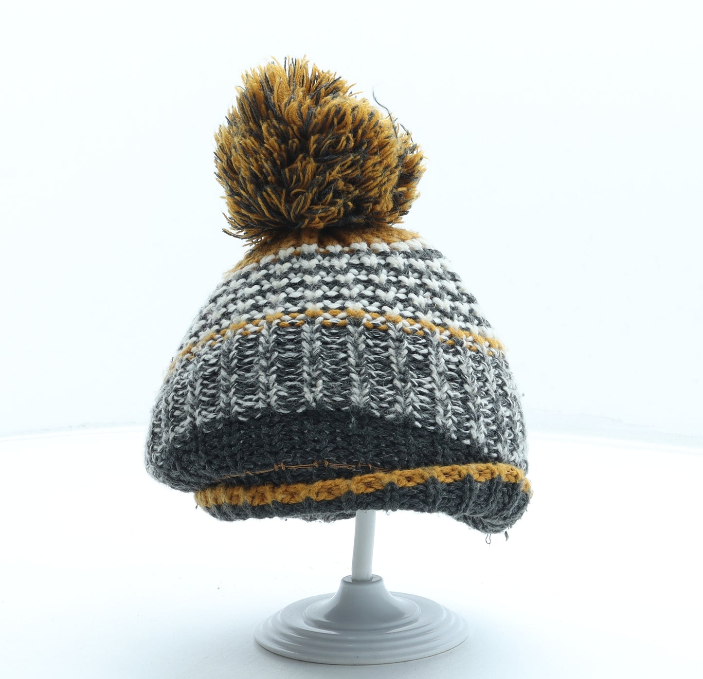 F&F Boys Grey Striped Acrylic Bobble Hat One Size - Pom Pom