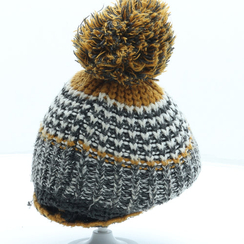 F&F Boys Grey Striped Acrylic Bobble Hat One Size - Pom Pom